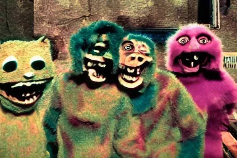Image similar to a glitchy color still from a horrific live action 1 9 6 4 kids show about, unnatural furry puppets, grunge, horror, despair, broken
