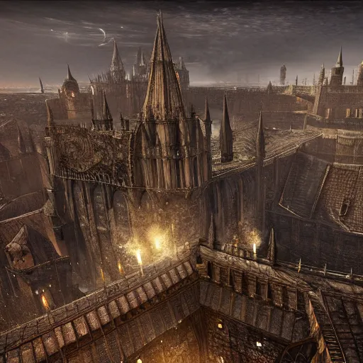 Prompt: A sprawling view of Anor Londo, Dark Souls in a starry night, a dragon flies in the distance