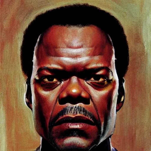 Image similar to Frontal portrait of Samuel L. Jackson from Pulp Fiction. A portrait by Norman Rockwell.