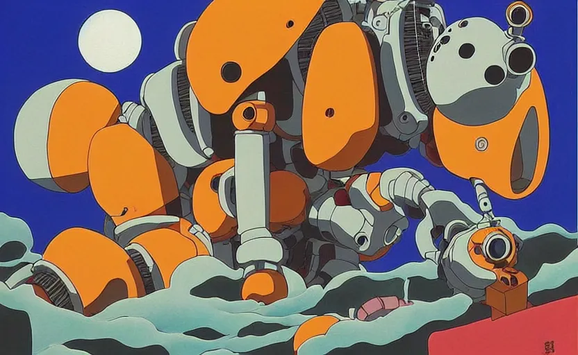 Prompt: beautiful painting from the anime film by studio ghibli, floppy eared dog devouring a robot, happy, MC Escher inspired by Salvador Dali-H 1024