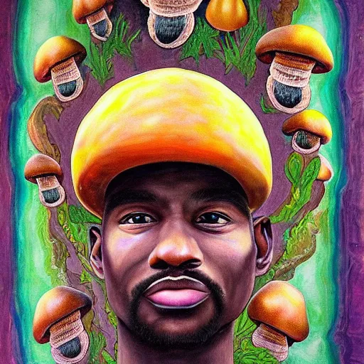 Prompt: painting of Mushrooms growing out of terence McKennas head, vibrant, hyperrealistic, Maximalism, mystical, ornate, Intricate