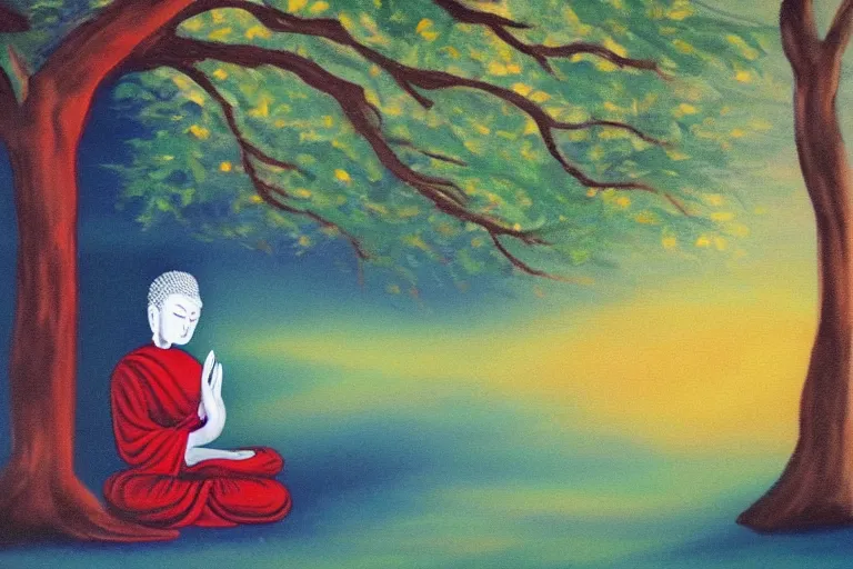 Image similar to painting of a peaceful buddha meditating under a tree, acrylic art, calm, soothing, cosy, elegant, soft light,