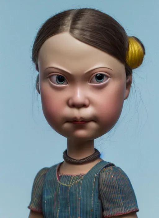 Image similar to closeup profile portrait of tin toy greta thunberg wearing a mini - skirt, depth of field, zeiss lens, detailed, symmetrical, centered, fashion photoshoot, by nicoletta ceccoli, mark ryden, lostfish, breathtaking, 8 k resolution, extremely detailed, beautiful, establishing shot, artistic, hyperrealistic, octane render