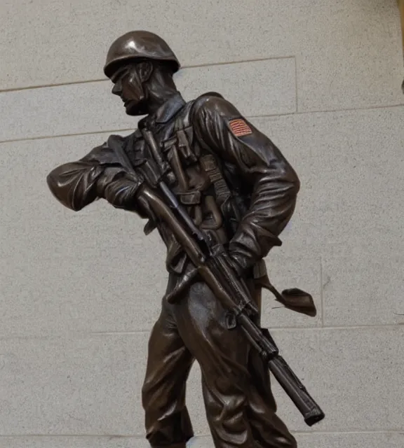 Image similar to a 4 k photorealistic photo medium shot of a bronze statue of an american soldier holding a rifle