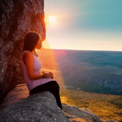 Prompt: a woman sitting on the edge of a cliff watching the sunset