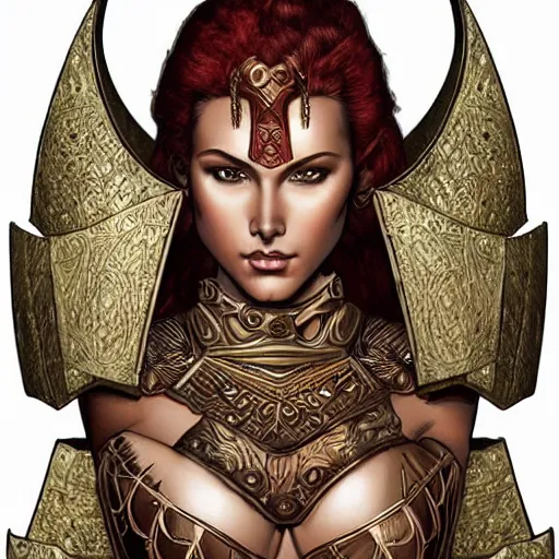 Image similar to greek amazon warrior, a tall beautiful woman with bronzed skin and short red hair, dressed in hellenistic body armour, intricate, elegant, highly detailed, smooth, sharp focus, detailed face, high contrast, graphic novel, art by ardian syaf,