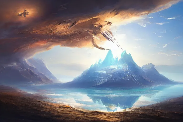 Image similar to the sky is an upside down ocean filled with fish, a mountain rises into the ocean from below, fantasy painting by jessica rossier