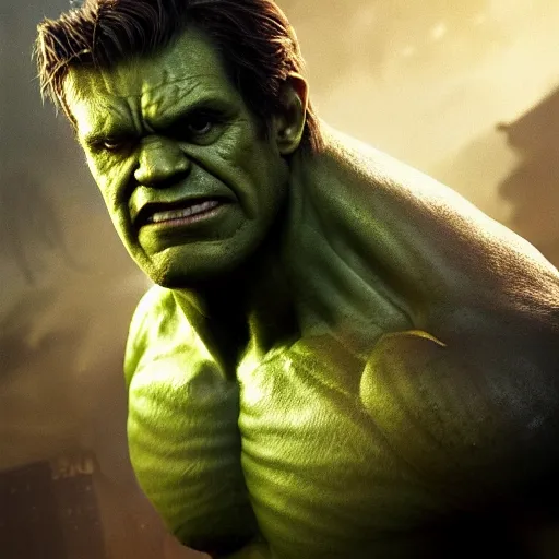 Image similar to Portrait of Dan Stevens as the Hulk, amazing splashscreen artwork, splash art, head slightly tilted, natural light, elegant, intricate, fantasy, atmospheric lighting, cinematic, matte painting, by Greg rutkowski