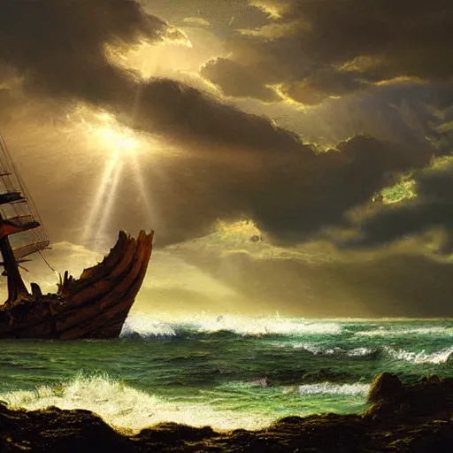 Image similar to wooden shipwreck of old pirate ship on rocks at sea, dramatic lighting, sun beams, god rays illuminating wreck, dark background, gloomy green sea, fantasy art, painting, concept art, oil painting, brushstrokes