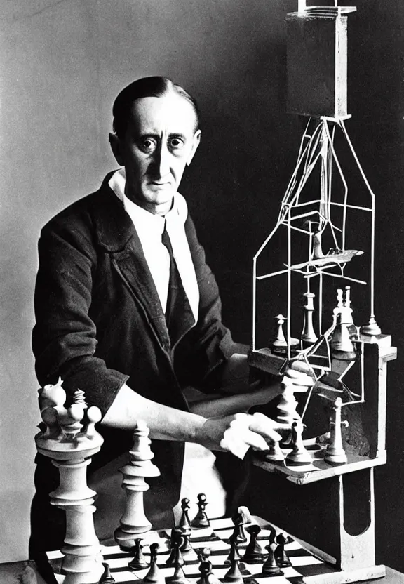 Image similar to marcel duchamp holding up a chess - piece wire - machine, a surrealist painting by marcel duchamp, complex artificial - intelligence machinery, flickr contest winner, studio portrait, 1 9 2 0 s