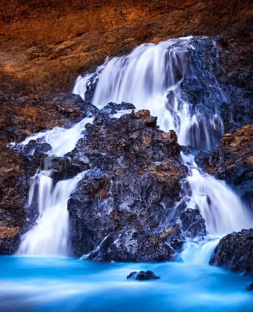 Image similar to endless waterfalls, obsidian cliffs, bright blue glowing water, night photography, magical