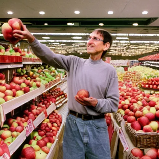 Image similar to Steve jobs selling apples on a supermarket, 35mm lens