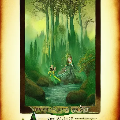 Image similar to vintage travel poster for a fantasy forest, elves are the main focus, green tones, printed