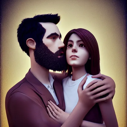 Image similar to abbstract surreal perfectly centered symmetrical split male and female portrait of man and woman in love sharing one heart ; 3 d render by lilia alvarado, photorealistic, highly detailed ; octane ; unreal engine ; trending on artstation