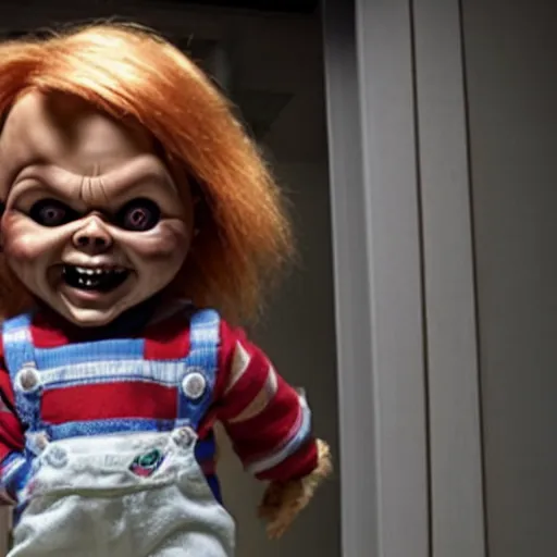 Image similar to chucky the killer doll standing in a dimly lit hospital