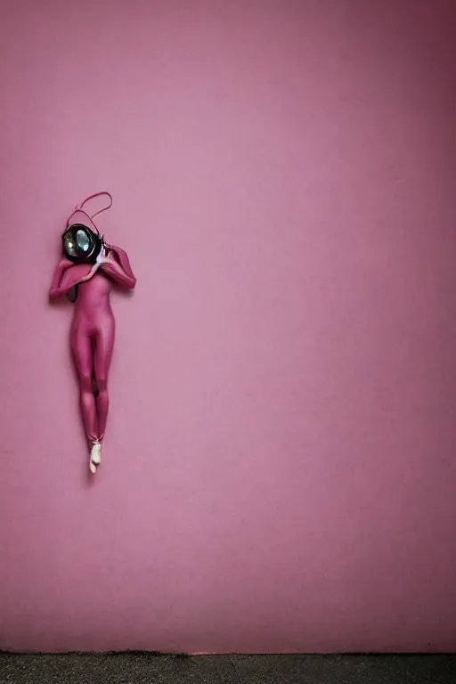 Image similar to a surreal portrait of intertwined and contorted figures wearing gas mask next to a pink wall in the style of brooke didonato, editorial fashion photography from vogue magazine, full shot, nikon d 8 1 0, ƒ / 2. 5, focal length : 8 5. 0 mm, exposure time : 1 / 8 0 0, iso : 2 0 0