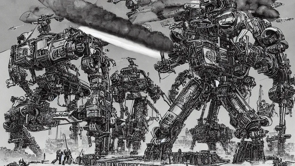 Prompt: Retro-futuristic mech launching missiles, WWII Japan, sci-fi illustrations, highly detailed, award-winning, dark, gritty, ink, defined lines