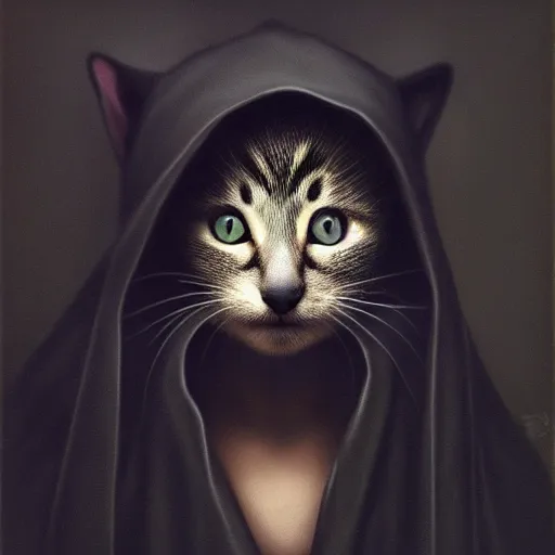 Image similar to a portrait of a kitten wearing a black hood, cloak covering face, anatomically correct, beautiful perfect face, enigmatic, oil painting, matte, black background, Volumetric dynamic lighting, Highly Detailed, Cinematic Lighting, Unreal Engine, 8k, HD, by Beksinski