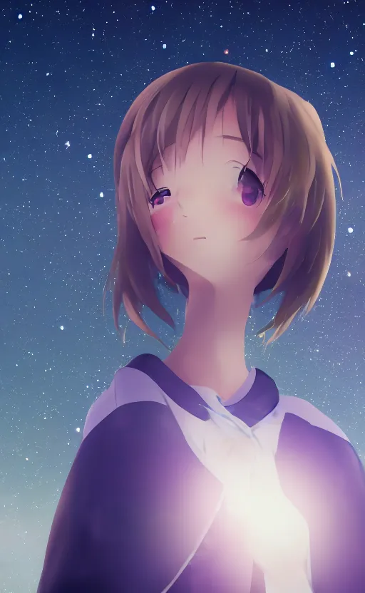 Prompt: Centred shot of anime girl looking up at the stars, bokeh background, ultra detailed, 8K