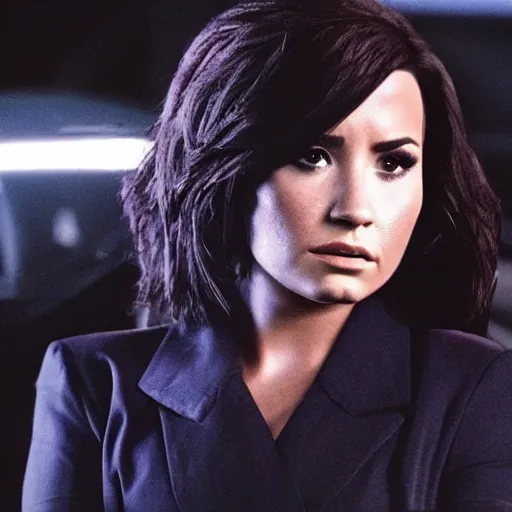 Prompt: close-up of Demi Lovato as a Diana Scully in an X-Files movie directed by Christopher Nolan, movie still frame, promotional image, imax 35 mm footage