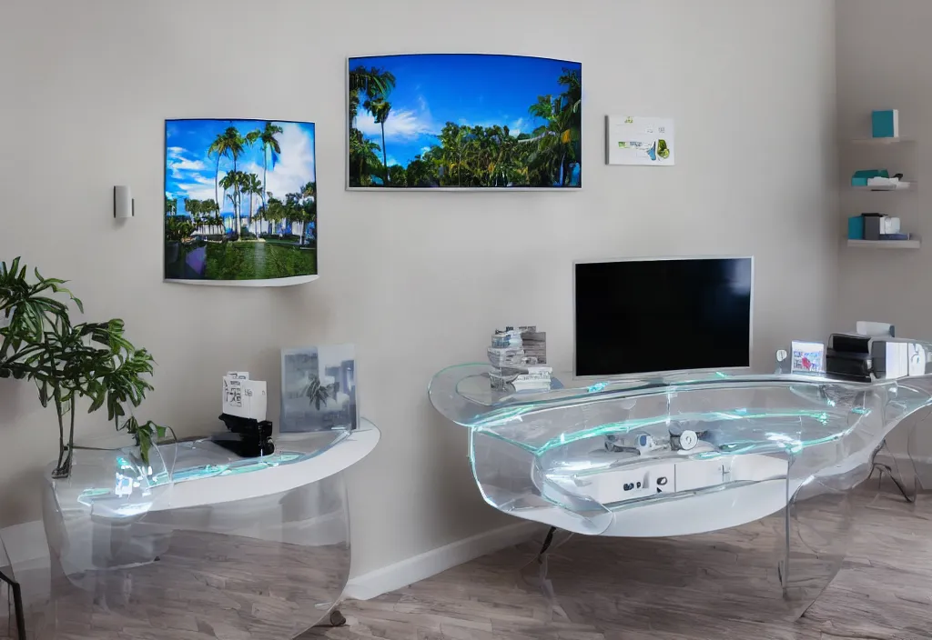 Image similar to curved transparent tv with florida weathermap, volumetric lighting, bedroom, visor, users, pair of keycards on table, bokeh, creterion collection, shot on 7 0 mm, instax