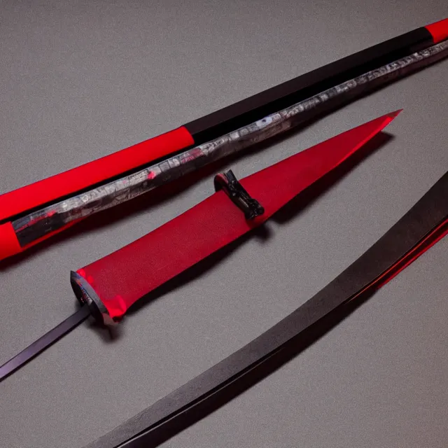 Image similar to a black and red katana, half way in it's sheathe, studio lighting