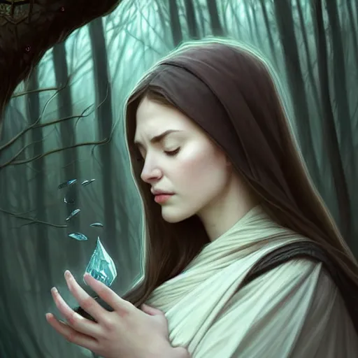 Prompt: wide angle, cloaked woman, sleeping on base of tree, white grey blue color palette, eyes closed, forest, female, d & d, fantasy, intricate, elegant, highly detailed, long brown hair, digital painting, artstation, octane render, concept art, matte, sharp focus, illustration, hearthstone, art by artgerm, alphonse mucha johannes voss