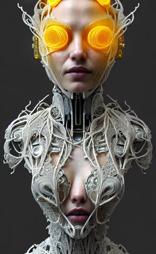 Image similar to intricate hyper detailed ultra sharp 3 d render of a beautiful smooth porcelain seductive cyborg woman portrait, medium shot portrait, bright light, alexandre ferra mecha, deeply cyberpunk art nouveau haute couture huge fractal white silver gold mycelum and yellow pore fungi head ornaments, big embroidered leaves filigree spreaded roots, octane render, volumetric cinematic lighting, 8 k, vray tracing