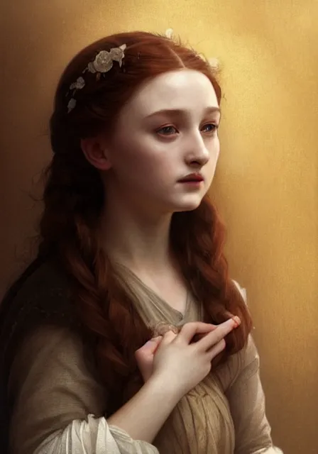 Image similar to little girl sansa stark, intricate, elegant, highly detailed, digital painting, artstation, concept art, smooth, sharp focus, illustration, art by artgerm and greg rutkowski and alphonse mucha and william - adolphe bouguereau