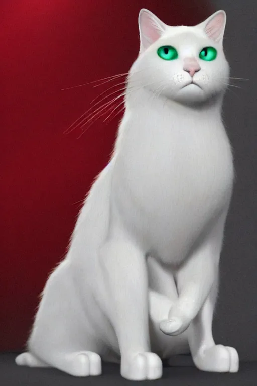 Image similar to a white cat with blue eyes wearing a red and green formal overcoat, hyperrealistic, concept art, octane render, unreal engine 5, realistic and defined face, profile picture, digital art, pixar and disney style, symmetrical, high quality, highly detailed, high coherence, path traced, house background, low contrast, beautiful