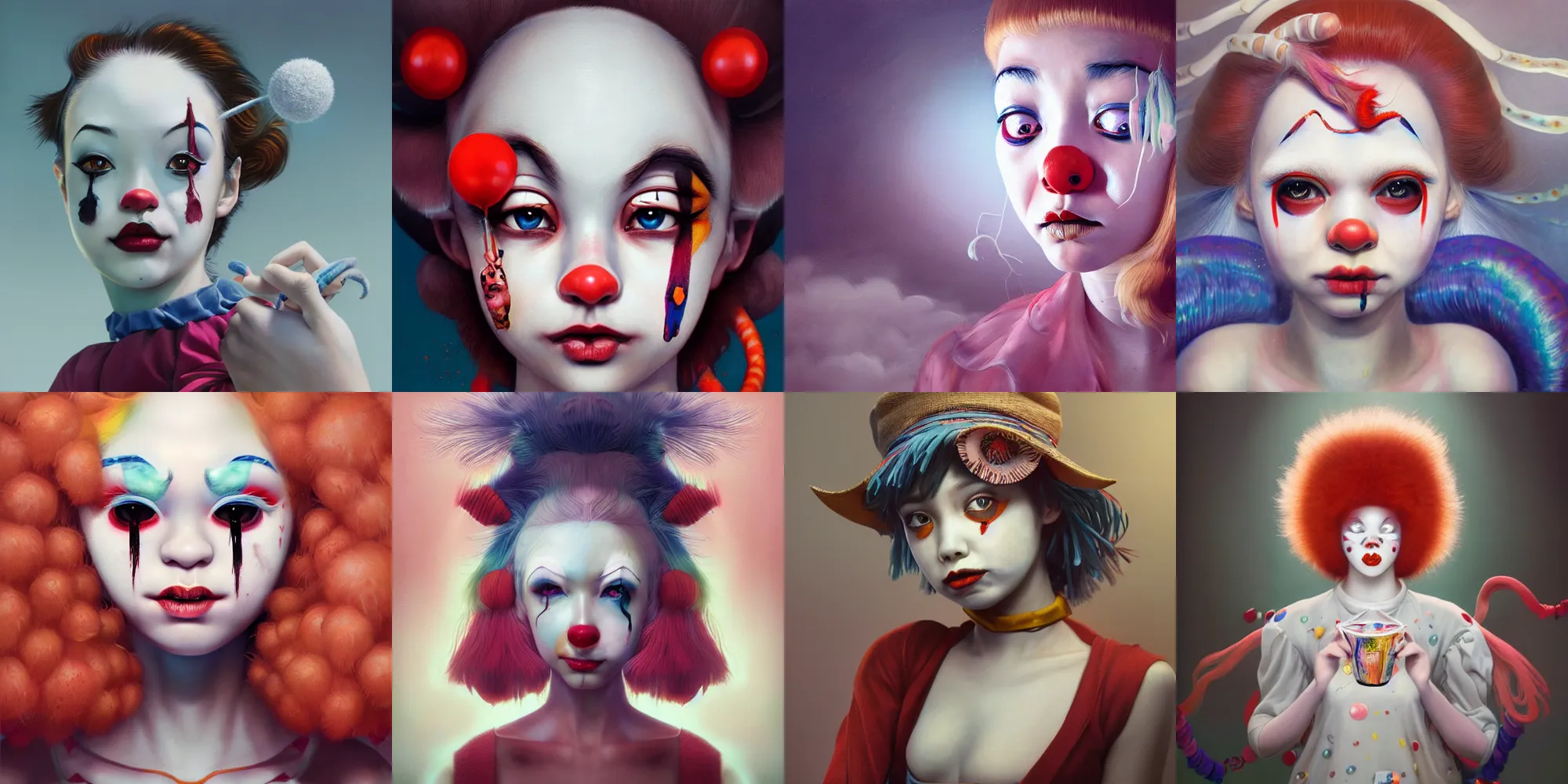 Image similar to breathtaking detailed painting of clown girl , with anxious, piercing eyes, Atari game cover art by Hsiao-Ron Cheng, James jean, Miho Hirano, Hayao Miyazaki, extremely moody lighting, hyperrealistic, octane render, RPG portrait, ambient light, dynamic lighting