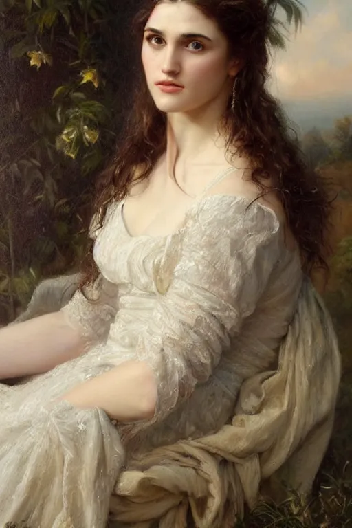 Image similar to portrait en buste of katie mcgrath by mark arian, by hughes merle, by pierre auguste cot, perfectly detailed eyes, oil on canvas, abundant detail, realism, bold mood