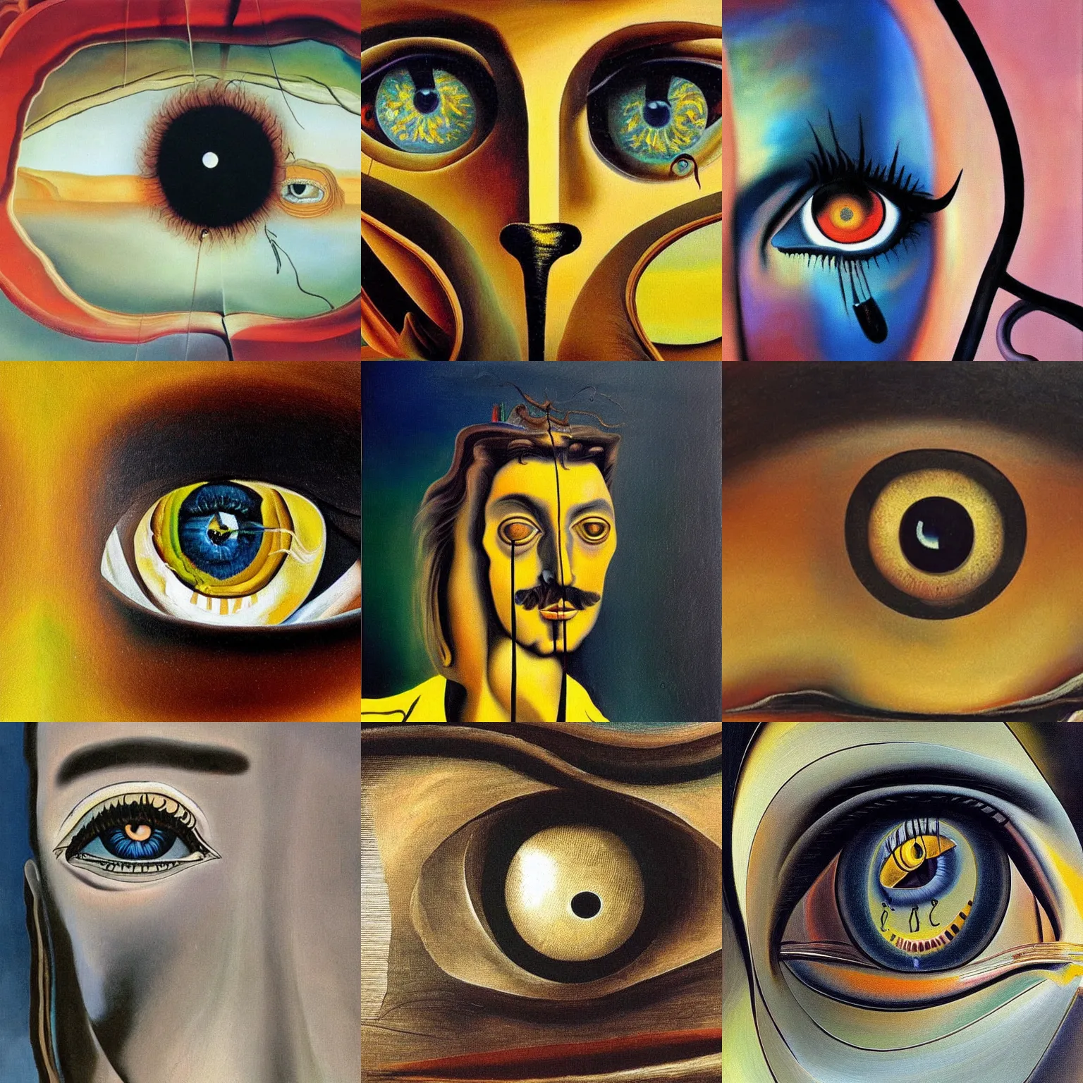 Prompt: worksafe, clothed, fullyclothed. a perfect painting artwork by salvador dali. a close - up, very closeup large image of a single eye.