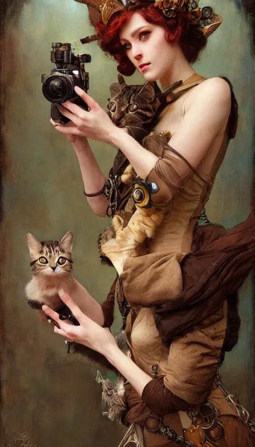 Image similar to hyper realistic photographer taking a picture of a cat, magical, steampunk, painted by tom bagshaw, mucha, gaston bussiere, craig mullins, j. c. leyendecker 8 k