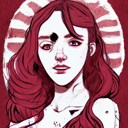 Image similar to Highly detailed portrait of pretty punk zombie young lady with, freckles and beautiful hair by Atey Ghailan, by Loish, by Bryan Lee O'Malley, by Cliff Chiang, inspired by image comics, inspired by graphic novel cover art, inspired by izombie, inspired by scott pilgrim !! Gradient red, black and white color scheme ((grafitti tag brick wall background)), trending on artstation