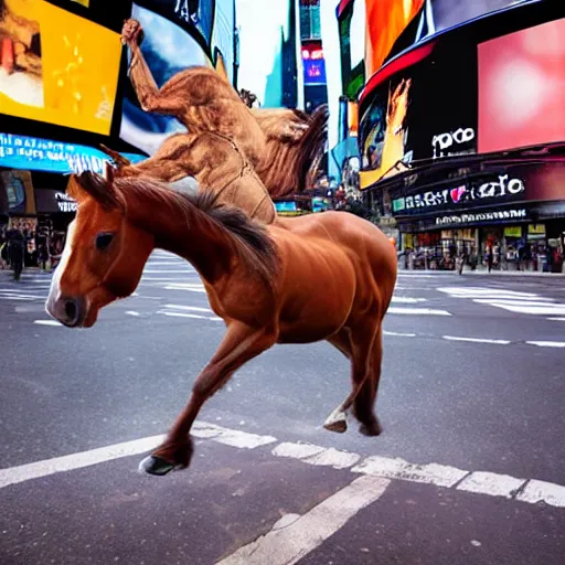 Prompt: an extremely realistic photograph of a centaur with the head mane and torso of a horse, but human legs running through times square