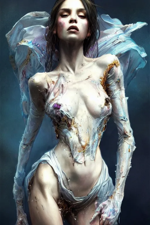 Prompt: body portrait of a gorgeous ghost princess, wearing torn clothes, by terry o'neill intricate, elegant, highly detailed, digital painting, glistening skin, artstation, concept art, smooth, sharp focus, contrasting lighting, bright colors, dark background, illustration, art by artgerm and greg rutkowski and alphonse mucha, 8 k