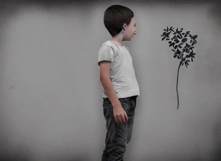 Image similar to a side profile of a single boy holding flowers in the style of Banksy on a white concrete background, graffiti, digital art