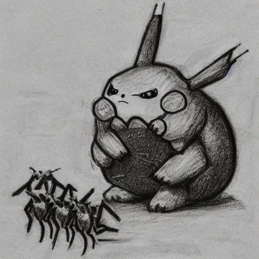 Prompt: charcoal sketch of pikachu being eaten by a colony of ants