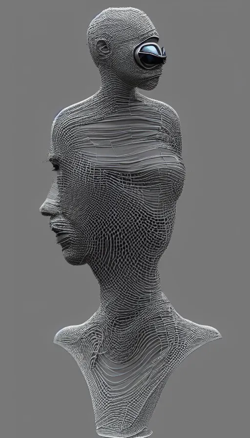 Image similar to a one woman with a futuristic mask on her face, a surrealist sculpture by alexander mcqueen, trending on pinterest, plasticien, biomorphic, made of plastic, a computer rendering by bedwyr williams, featured on zbrush central, holography, multiple exposure, glitch art, glitchy, photorealistic