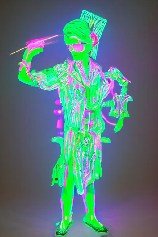 Prompt: full-body neon porcelain baroque bladerunner greek style sculpture of a young royal Ozuna as a high-fashion half-robot wearing retro shades with a porcelain body with an opening exposing a battery leaking green glowing radioactive liquid, electric sparks, glowing violet laser beam eyes, crown of giant rubies, flowing pink and orange neon-colored silk, luminescent fabrics, mechanical raptors. baroque and steampunk elements. full-length view. baroque element. intricate artwork by caravaggio. Very very very very highly detailed epic photo of face. Trending on artstation, octane render, cinematic lighting from the right, hyper realism, octane render, 8k, depth of field, 3D