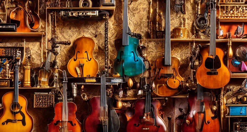 Prompt: a shelf of amazing magical musical instruments, cinematic lighting, detailed, beautiful colors, ornate 4 k