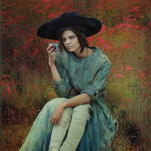 Image similar to happy very thick paint brush strokes paint texture full body very worn out very rusty fashion model kendall jenner by Jeremy Lipking by Hasui Kawase by Richard Schmid ((smokey eyes makeup eye shadow fantasy, glow, shimmer as victorian woman in a long white frilly lace dress and a large white hat having tea in a sunroom filled with flowers, roses and lush fern flowers ,intricate, night, highly detailed, dramatic lighting)) , high quality