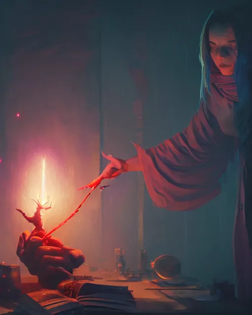 Image similar to highly detailed vfx portrait of a mage casting a blood spell, unreal engine, greg rutkowski, loish, rhads, beeple, makoto shinkai and lois van baarle, ilya kuvshinov, rossdraws, tom bagshaw, alphonse mucha, global illumination, detailed and intricate environment