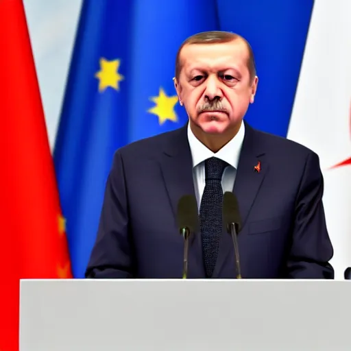 Prompt: recep tayyip erdogan with the european union flag behind him, 8k, photorealistic, dof,