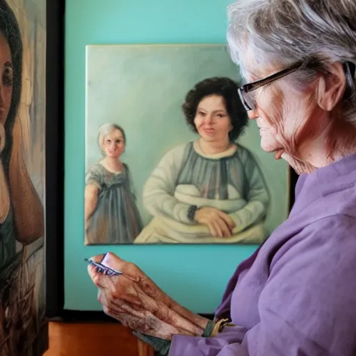 Image similar to old woman staring at a painting of her younger self