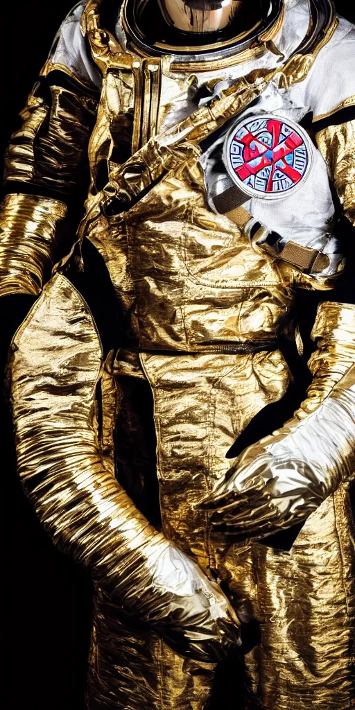 Prompt: photography of space suits designed yb knights templar, the knights templar cross logo, gold lining, heroic posing, photo shoot, by annie leibovitz, sigma 85mm 1.4, glows, sharp, high contrast