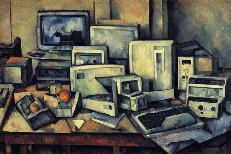 Image similar to still life painting of vintage computers by Paul Cézanne, oil on canvas, strong lighting, highly detailed, hyper realism, HD, 4K