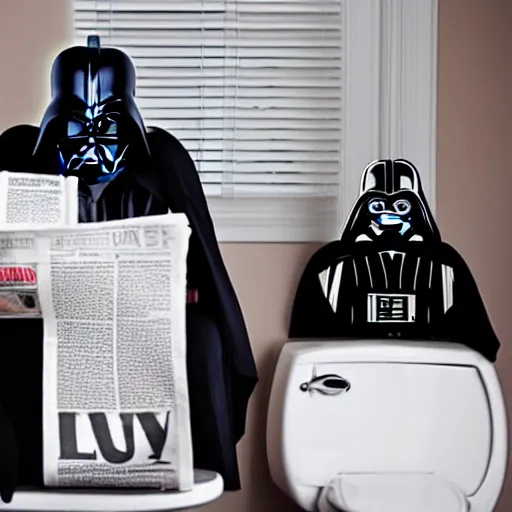 Image similar to Darth Vader sitting on the toilet reading a newspaper