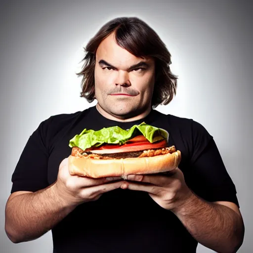 Prompt: Jack Black holding a hamburger, studio, split lighting, funny